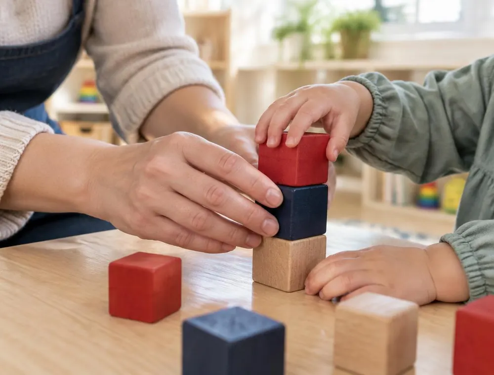 An adult's hands helping a toddler's hands stack red, navy and wooden blocks