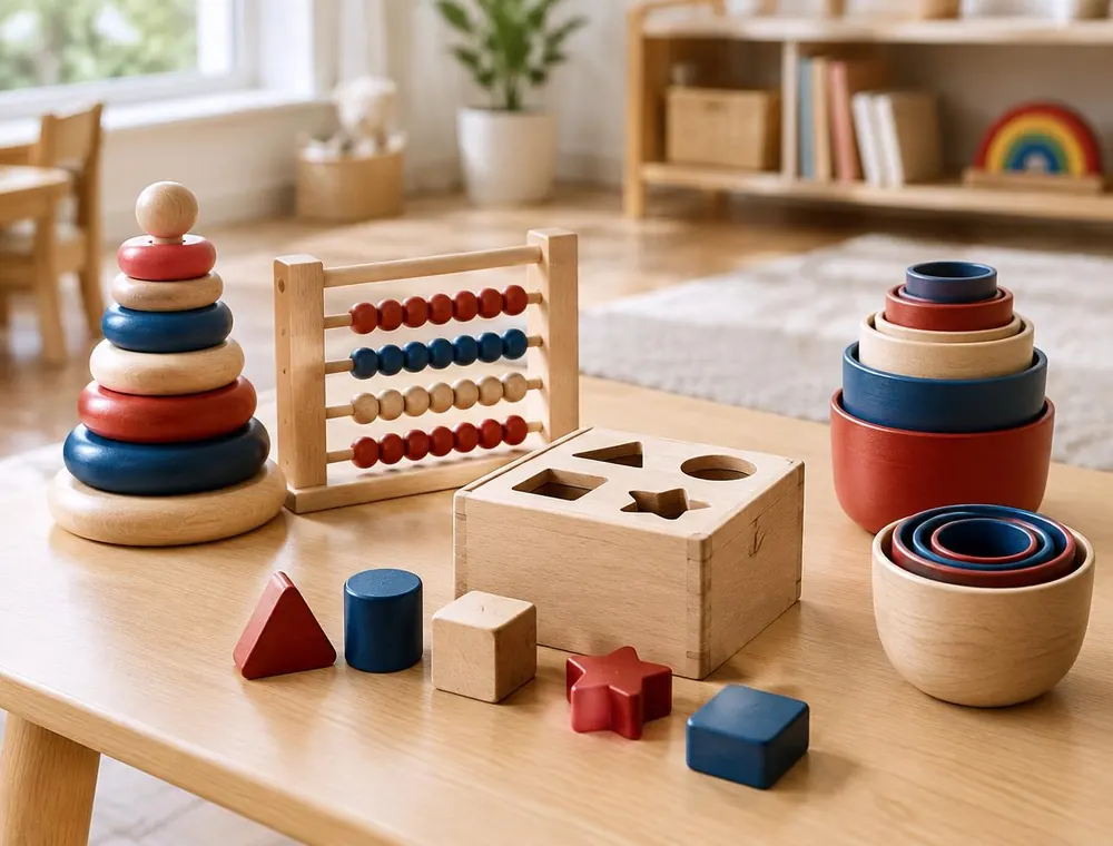 Wooden early-years learning toys — stacking rings, counting beads and a shape sorter — on a low table