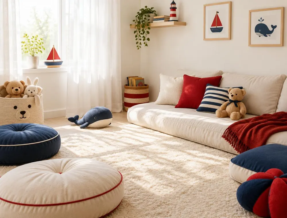 Cosy quiet corner with floor cushions, a low sofa and soft toys in the sunlight