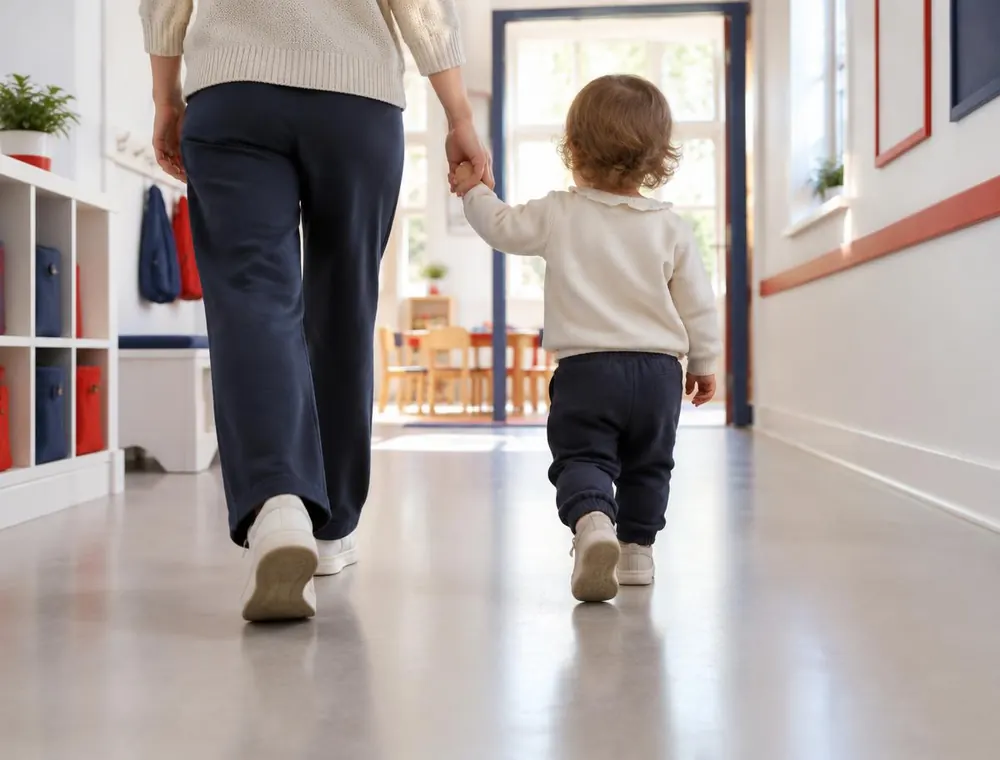 A parent and toddler, seen from behind, walking hand in hand down a bright corridor