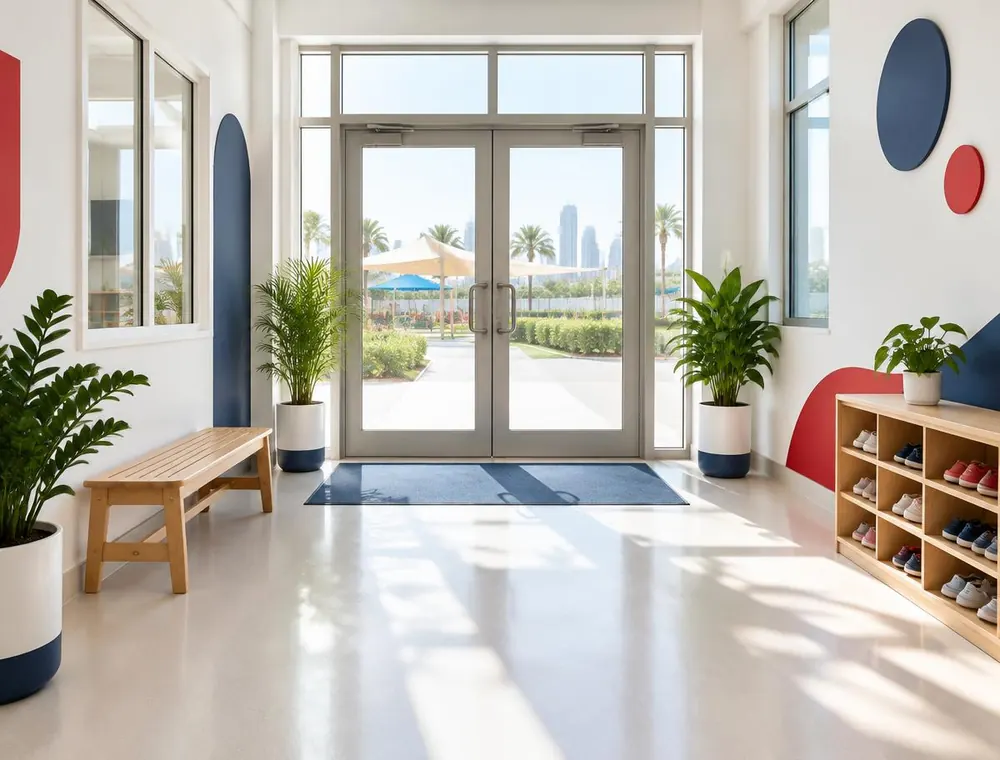 Bright entrance hallway with glass doors, a wooden bench, plants and a shoe rack