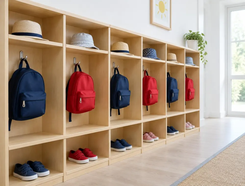 Wooden cubbies with small backpacks, sun hats and shoes ready for home time