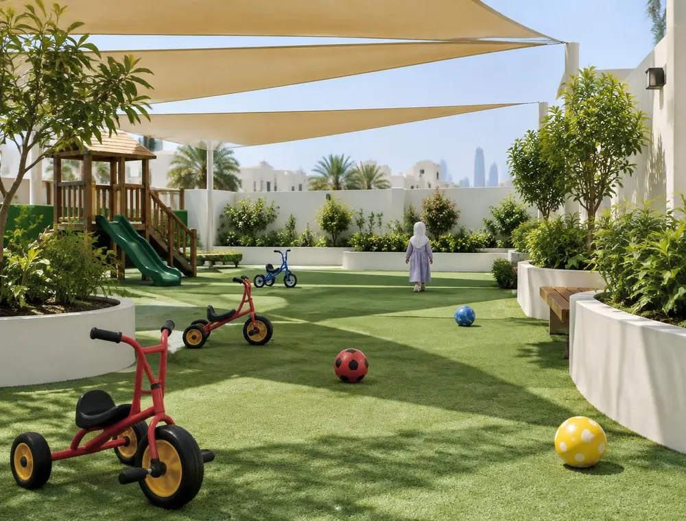 Shaded outdoor garden with artificial grass, tricycles and balls