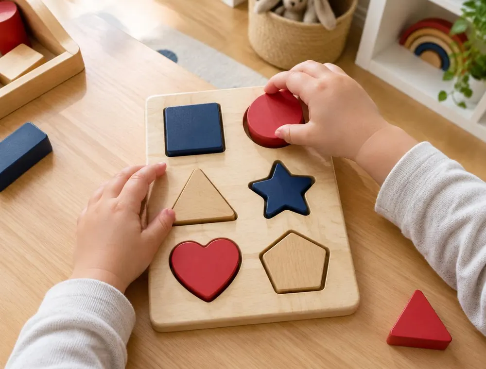 A child's hands fitting shapes into a wooden puzzle