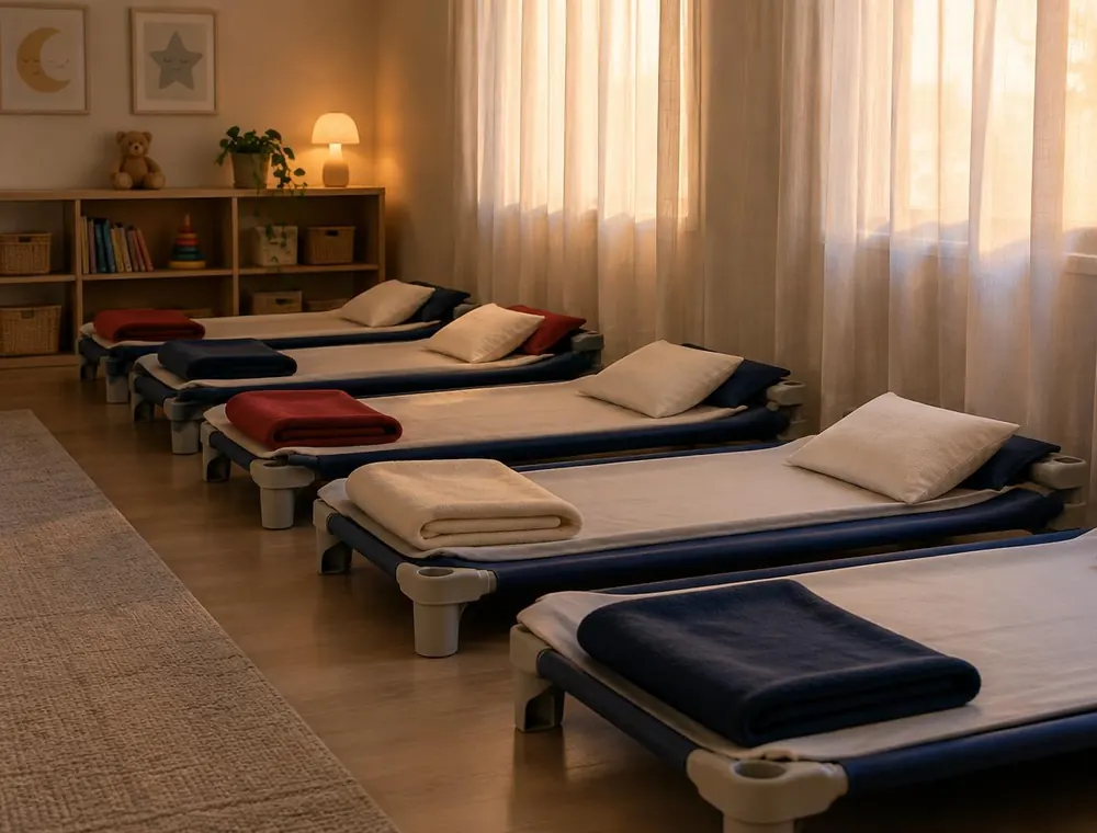 Calm nap room with a row of low cots, pillows and folded blankets