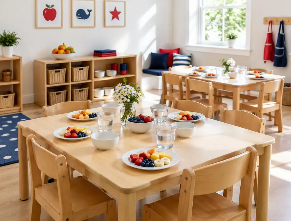 Child-size dining tables set with fresh fruit, bowls and cups of water