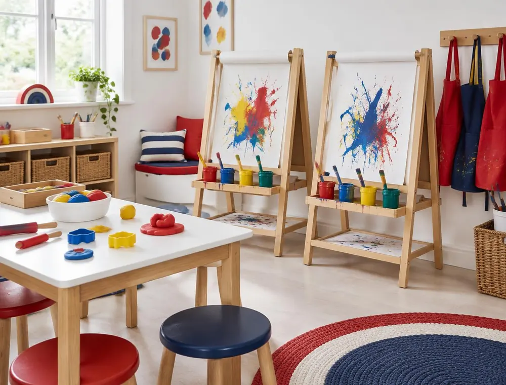 Art and messy play corner with easels, paint pots and play dough