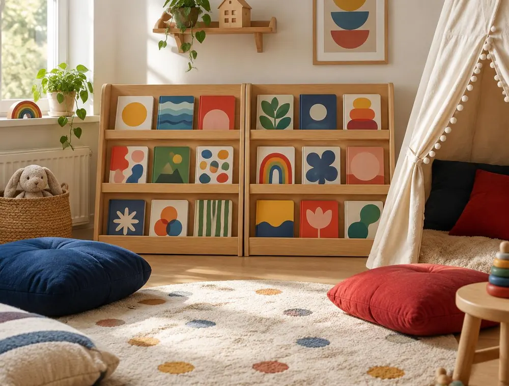 Reading corner with low shelves of picture books, floor cushions and a play tent