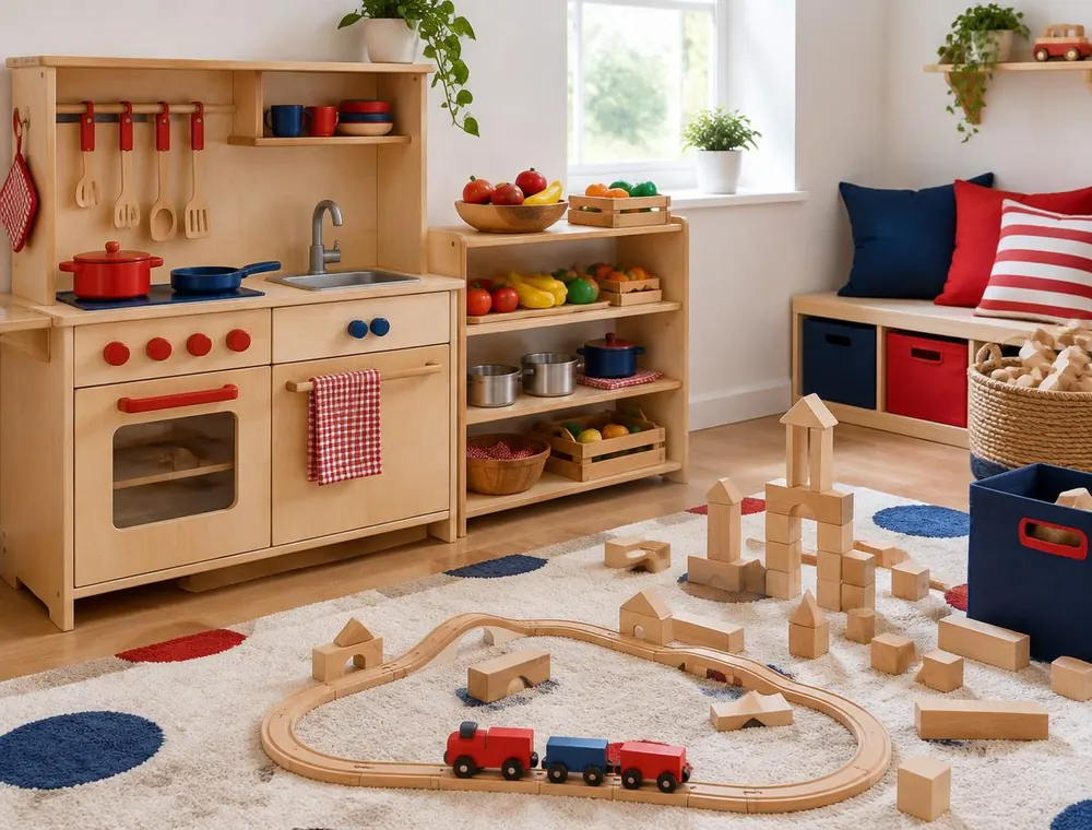 Role-play kitchen and building-block corner with a wooden train track