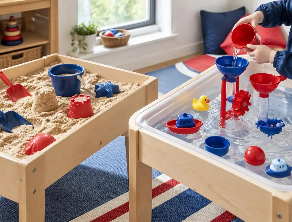 Sand tray and water play table with scoops, funnels and floating toys