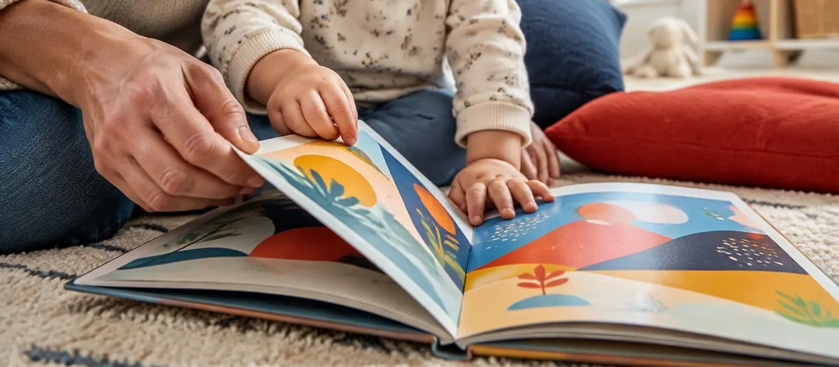 An adult and a young child turning the pages of a picture book together