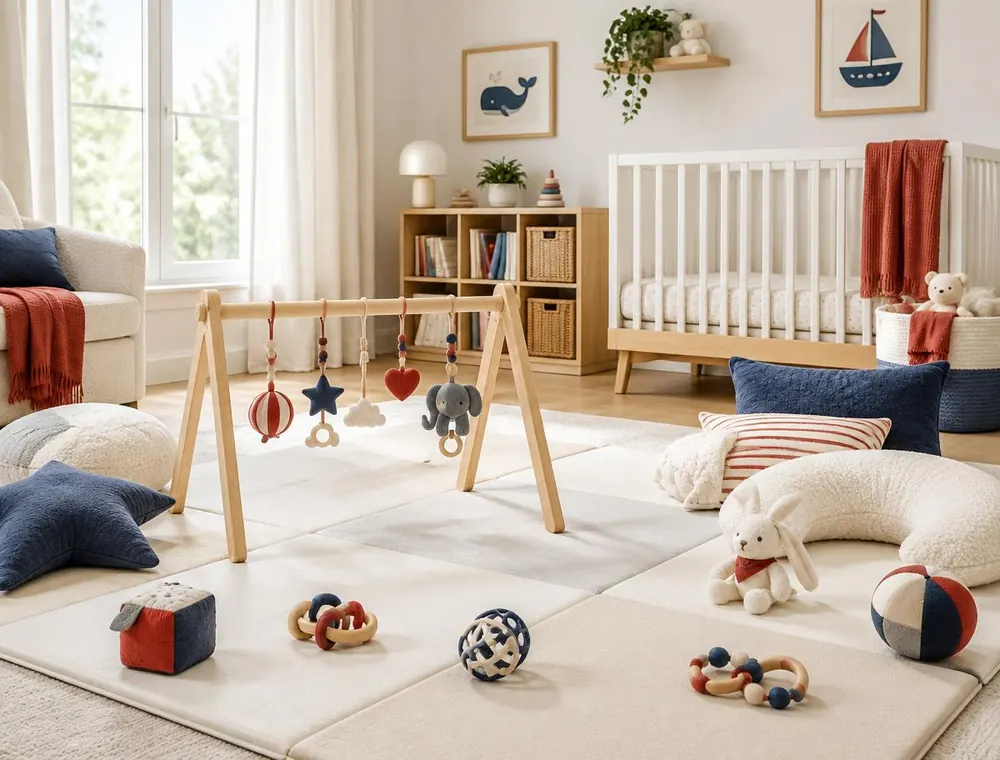 Baby room with soft floor mats, a wooden baby gym and rattles