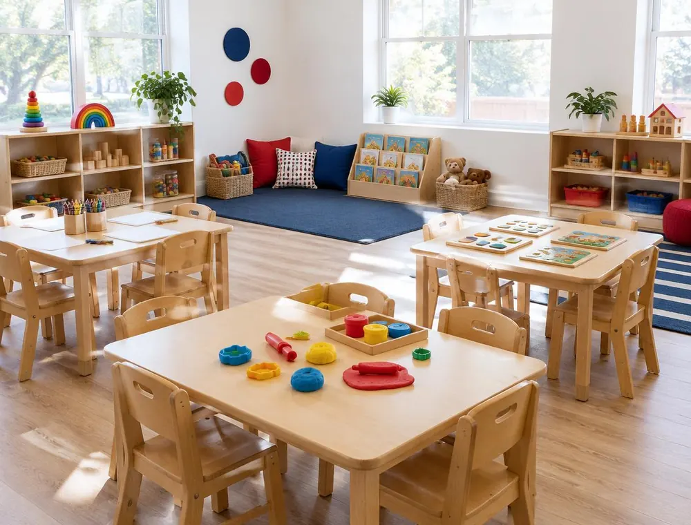 Pre-school classroom with small tables set with play dough, puzzles and crayons