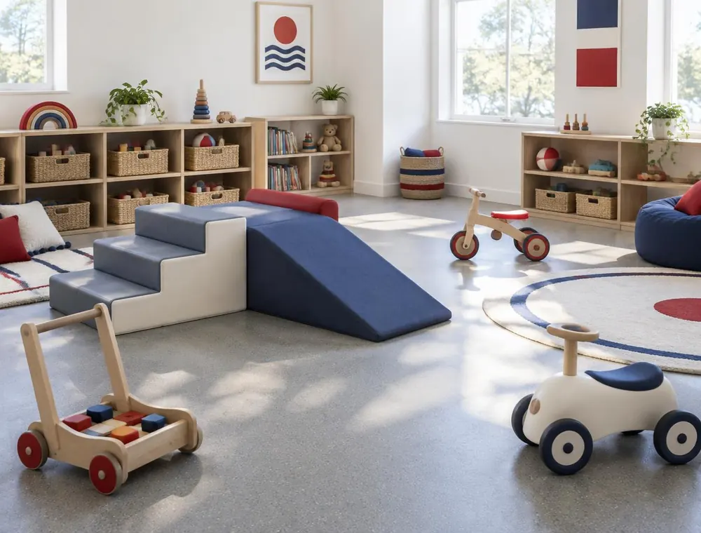 Toddler room with soft climbing steps, a ramp, push-along walkers and ride-on toys