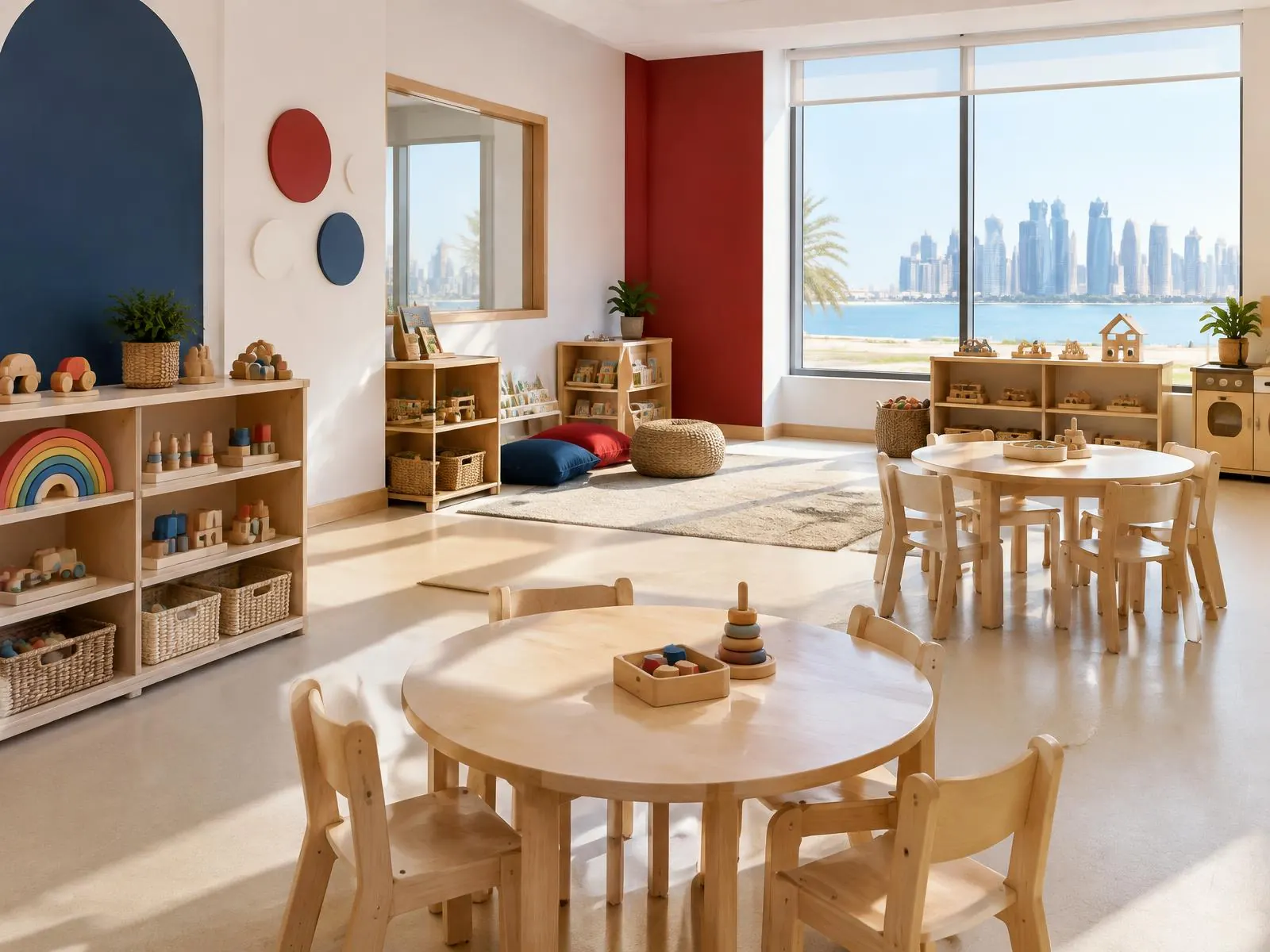 Bright nursery classroom with low wooden shelves of toys, small round tables and a large sunny window